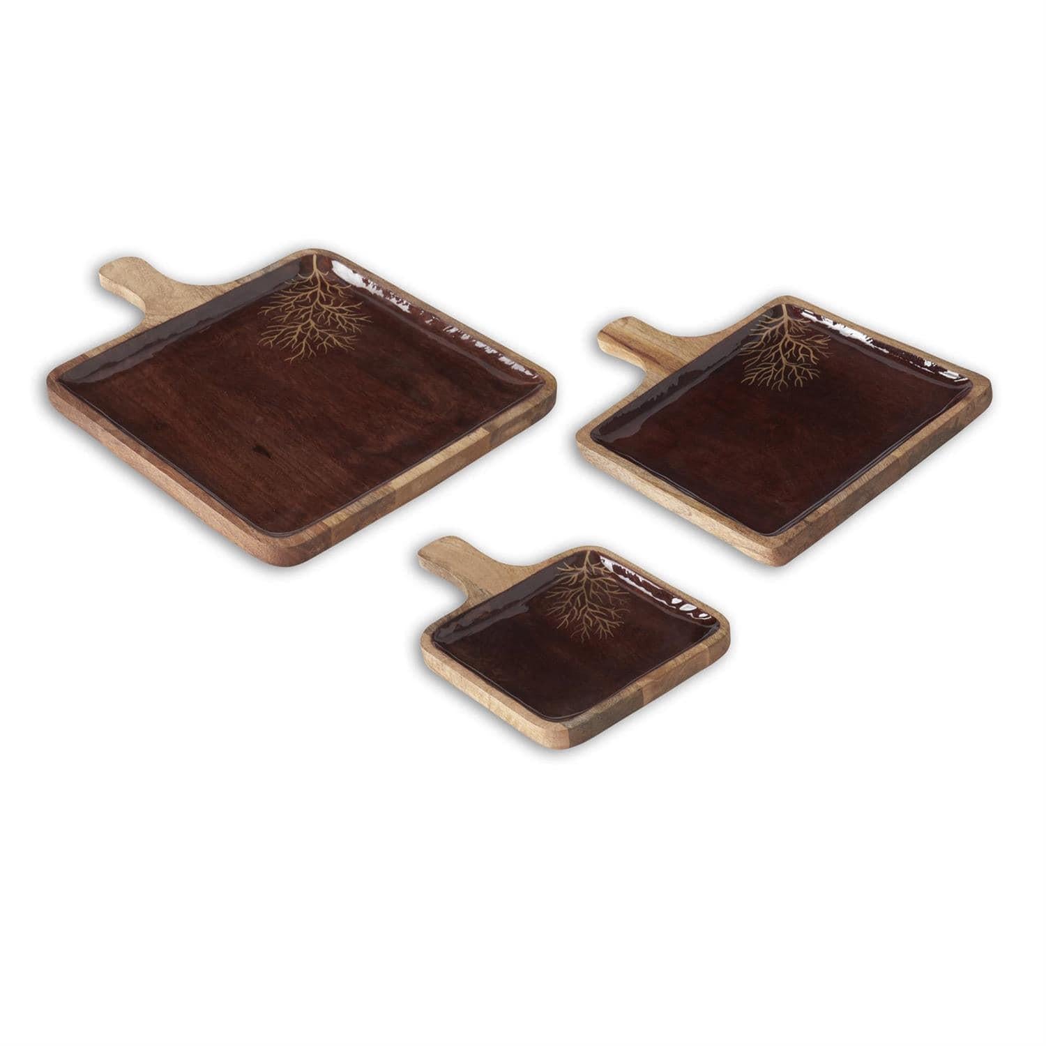 Brown Enameled & Gold Leaf Square Wood Tray